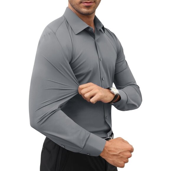 Men Silver Long Sleeve Slim Muscle Fit Wrinkle Free Button Down Dress Shirts - Picture 2 of 9